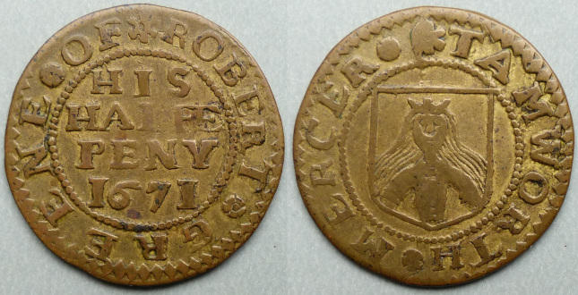 Tamworth, Robert Greene 1671 halfpenny Tamworth, Robert Greene 1671 halfpenny